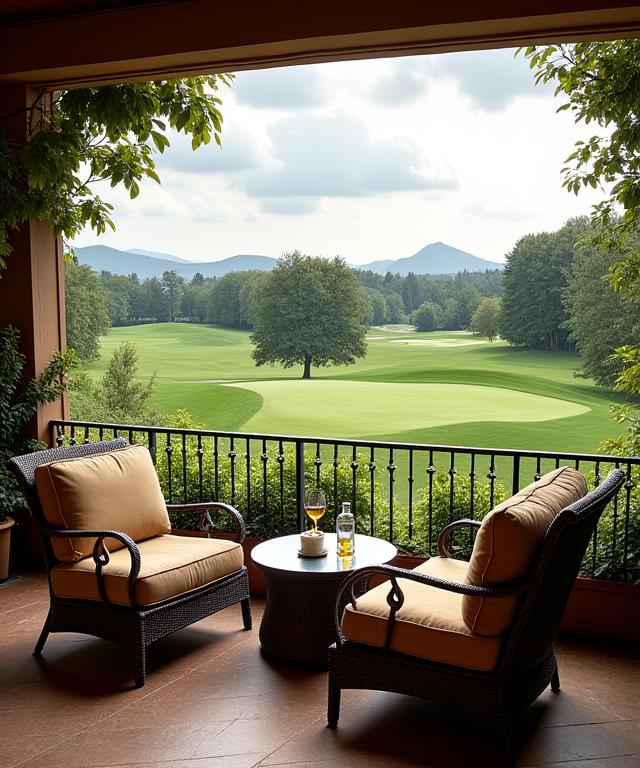 Elegante Clubhaus-Terrasse mit Blick auf den Golfplatz